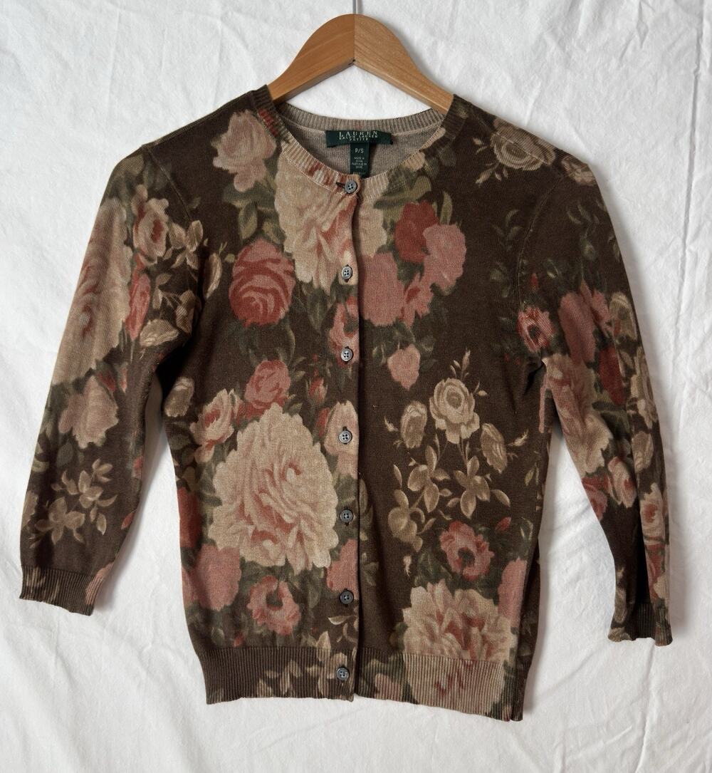 Lauren Ralph Lauren Brown Rose Floral Silk Cotton Cardigan Sweater Small Petite